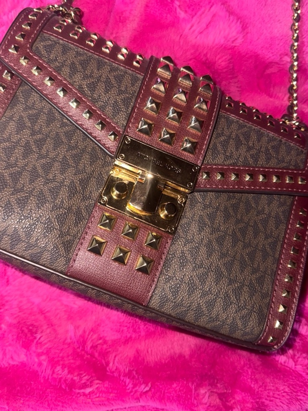Michael Kors Brown Logo Shoulder Bag with Wine Trim and Gold Hardware